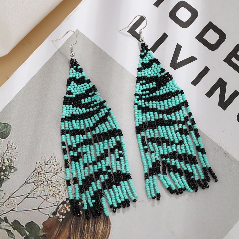 Wholesale Leopard Grain Rice Bead Tassels Hand Woven Earrings